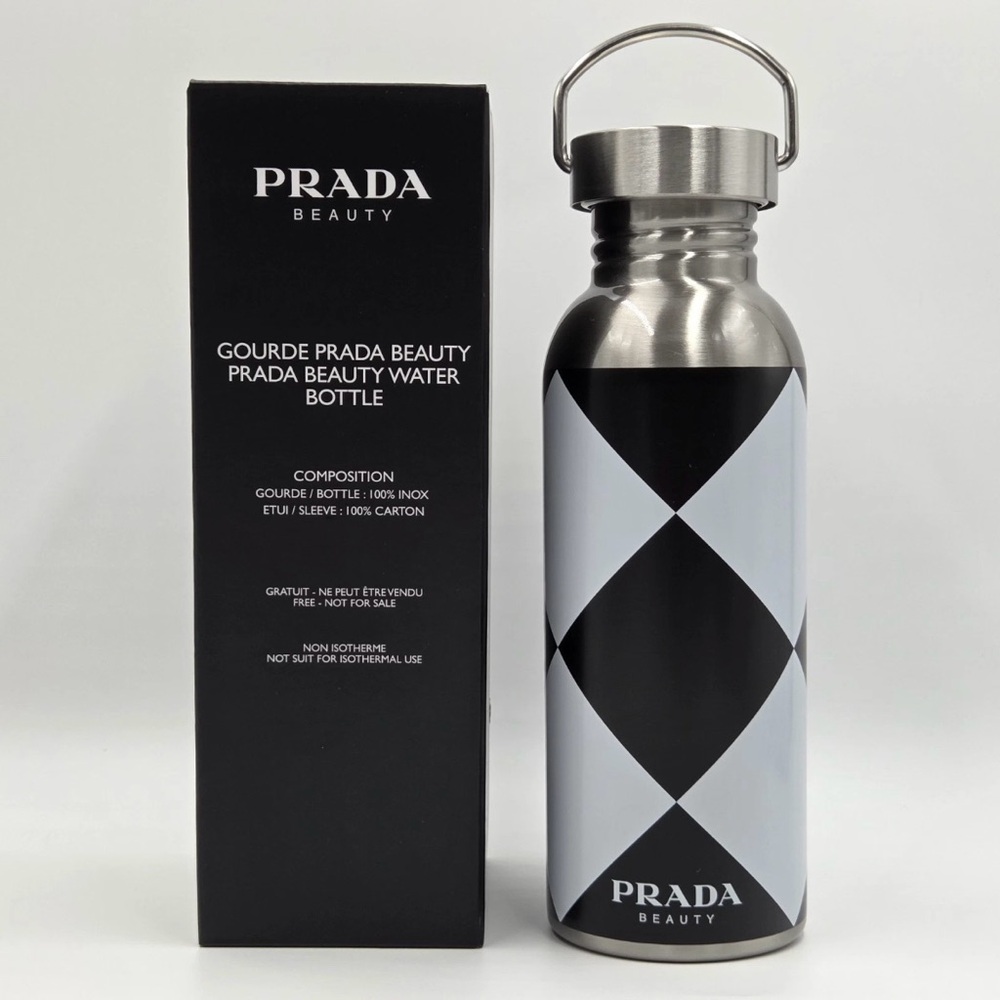 PRADA Beauty Water Bottle Black White Diamond Checkered Print Stainless Steel